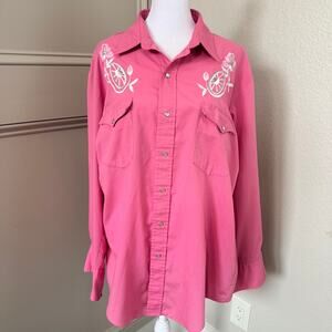 Vintage Pink Western Pearl Snap Embroidered Shirt Wagon Wheel Roses L